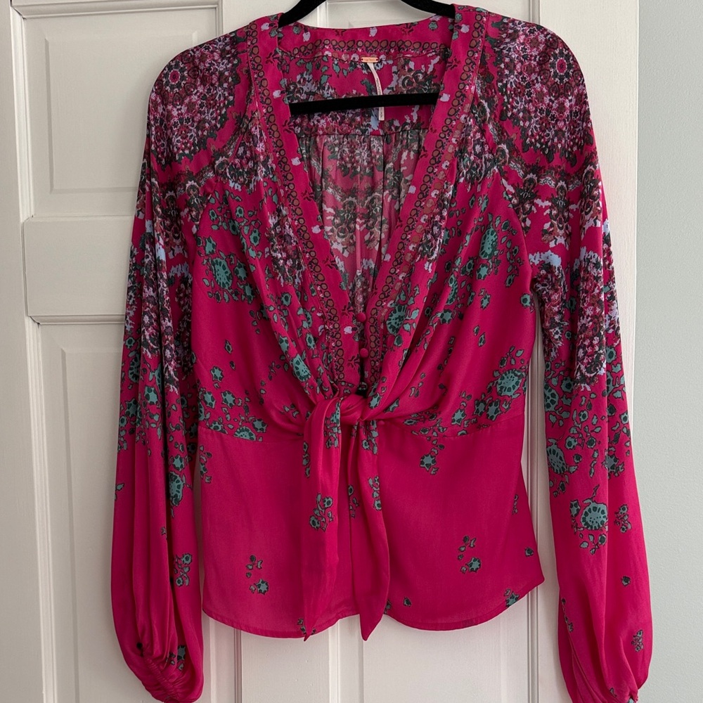 Free People Vibrant Pink Floral Blouse